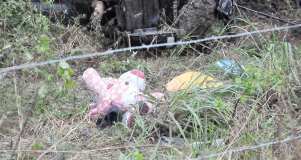 A child’s pink stuffed animal lay near the wreckage of a truck after a one-vehicle accident Friday morning on Alabama Highway 41 north of Brewton. Alexis Pugh was killed in the wreck.