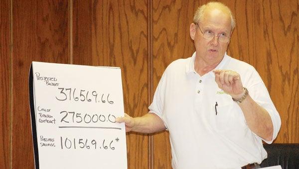 Ned Sibert, above, uses charts to illustrate savings to city by contracting police services.
