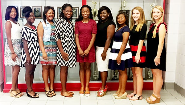 The student body of T. R. Miller High School recently voted for the 2015 Homecoming Queen and her attendants. This year’s queen is MyKayla Harrison. Also pictured are senior attendants Lena Nettles and Alaysia Nicholson; junior attendants Ivory Johnson and Alaysia Pierre-Louis; sophomore attendants Myra Reiss and Jakyra Spears; and freshman attendants Kayla Floyd and Bentley Webb.  Homecoming activities will be held on the TRM campus Friday.